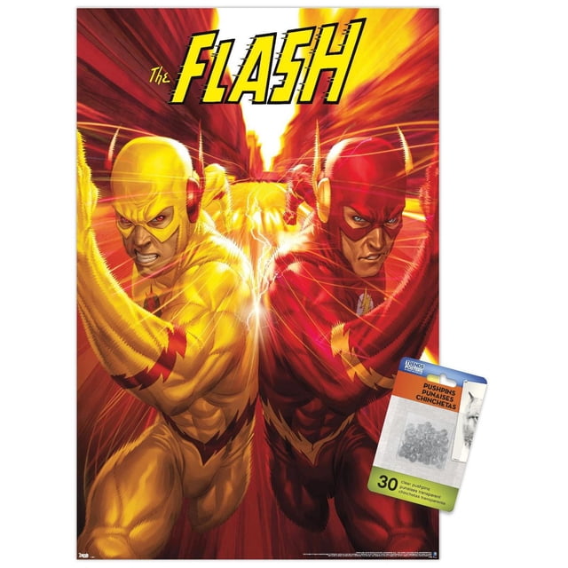 DC Comics - The Flash and The Reverse Flash - Race Wall Poster, 22.375" x 34", featuring The Flash in red and The Reverse Flash in yellow racing side by side with lightning and motion blur effects, printed on glossy paper with vibrant colors, ideal for wall décor and easy to hang with included adhesive mounts, also suitable for party decoration.