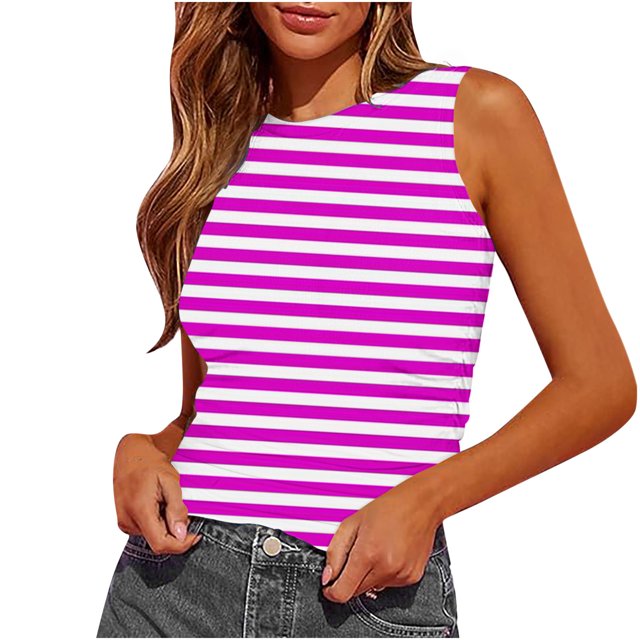 Plebaso Débardeurs Ajustés à Rayures pour Femmes Sans Manches à Col Rond Froncés Blouses d'Été Décontractées Basiques T-Shirts