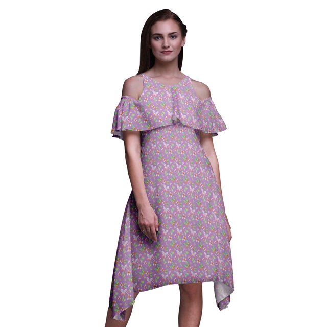 Bimba Butterfly Printed Womens Ruffle Front Cold Shoulder Swing Shift Dress-Large