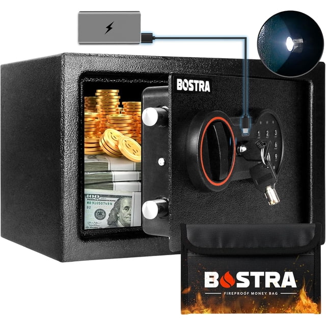 Bostra Fireproof Safe Box with Sensor Light & Fireproof Bag, Money Safe Box with Digital Keypad,Security Safe Box for Home, 0.5 Cubic Safe with Keys & Pass Code for Cash Jewelry Documents