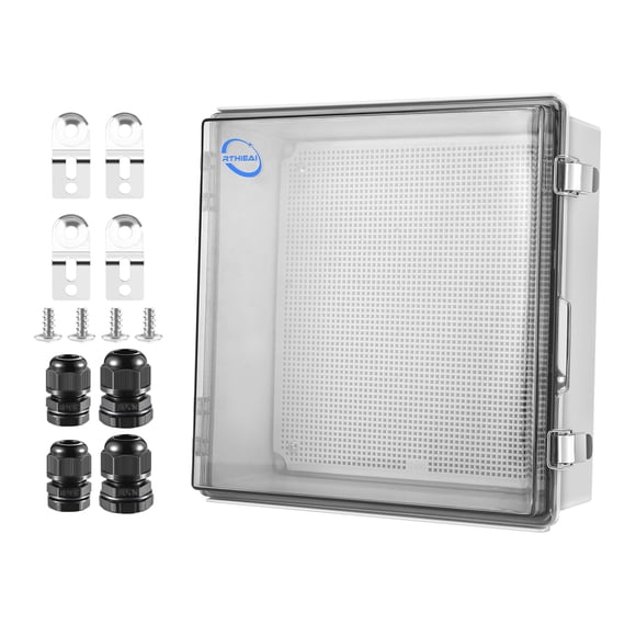 RTHIEAI Waterproof Outdoor IP67 Junction Box (13"x13"x5.1") with Mounting Plate, Hinged Clear Cover and Wall Brackets - Weatherproof ABS Plastic Electrical Enclosure for DIY