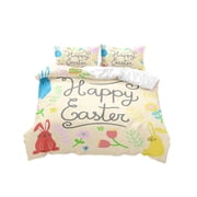 Duvet Cover Set 3-Piece Easter Cartoon Rabbits and Eggs Pattern Soft Microfiber 2 Pillowcases and 1 Duvet Cover for Bedroom