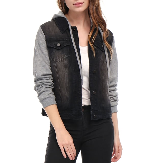 INSPIRE CHIC Women's Denim Jacket Button Down Long Sleeve Drawstring Hood Jean Jackets XL Black