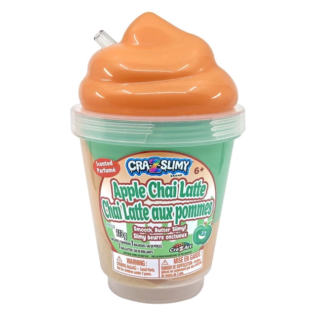 Cra-Z-Slimy Smoothie : slime Parfumé Chai Latte aux Pommes dans un Contenant Style Smoothie Vert avec Couvercle Tourbillon orange, Idéal pour le Jeu Sensoriel, le Soulagement du stress et le Mélange Créatif avec Incrustations Cachées pour 6 Ans et Plus.