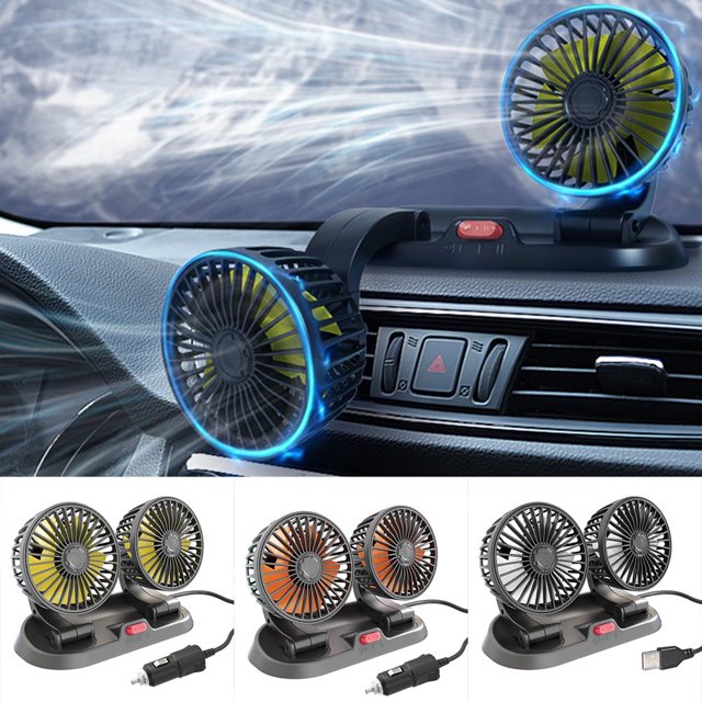 Electric Car Fan 2 Speed Adjustable Dual Head Car Cooling Fans 360 Rotatable Car Dashboard Fan