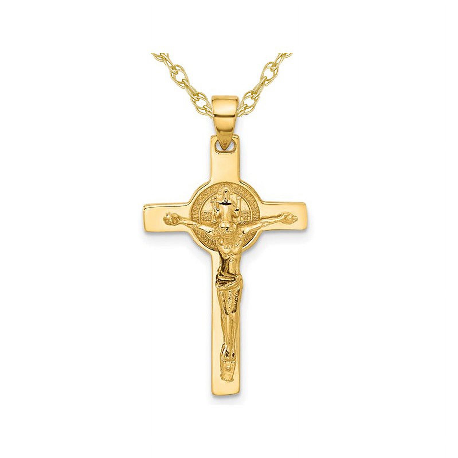 14K Yellow Gold Cross Crucifix and St Benedict Pendant Necklace with Chain