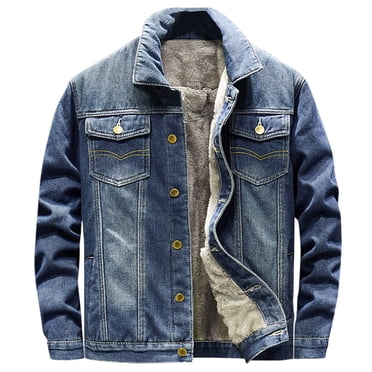 Fengqque Men's Lapel Sherpa Fleece Lined Thicken Denim Jean Trucker Jacket Coats Long Sleeve Slim Fit Casual Jean Jacket Dark Blue 4(M)