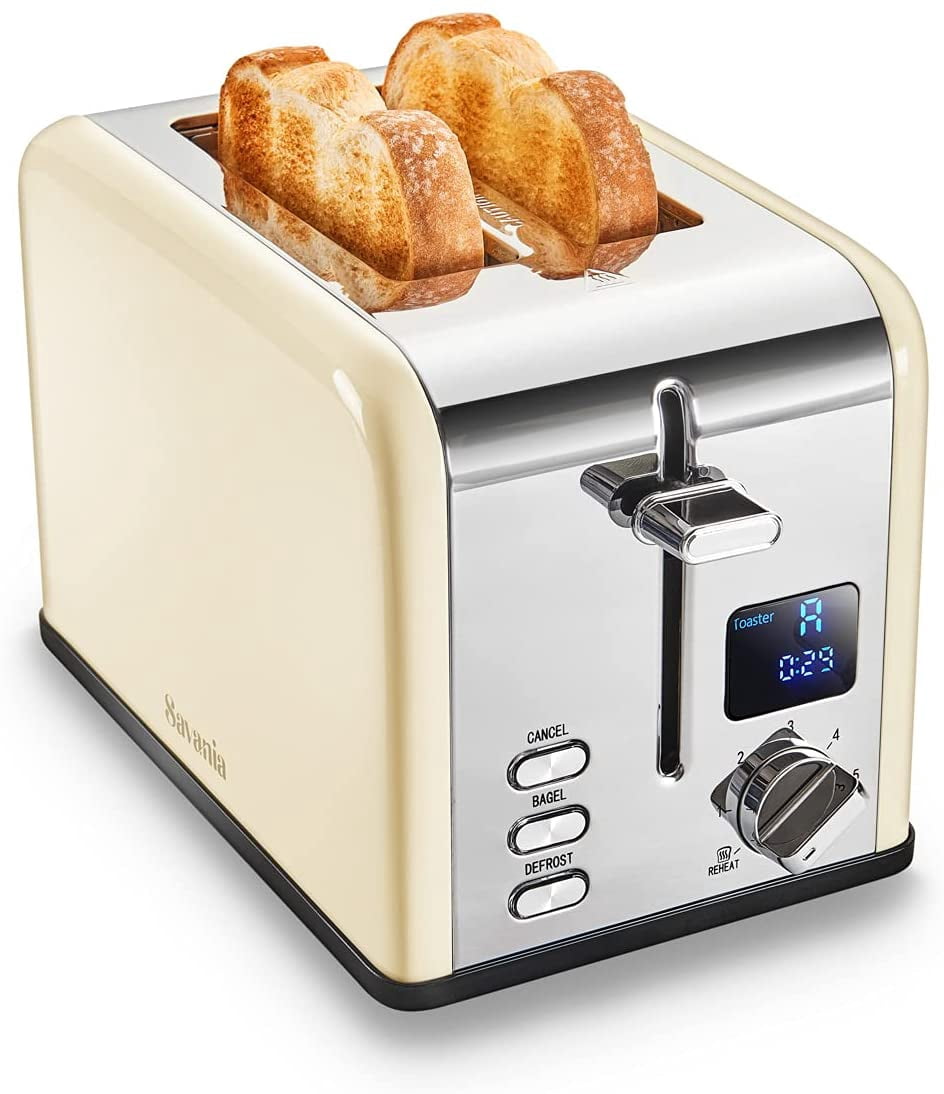 Savania 2-Slice Stainless Steel Bread Toaster, Wide Slot with LCD Display, Control Panels, Bagel/Defrost/Cancel Functions, 6 Setting Shade Dial, Removable Crumb Tray