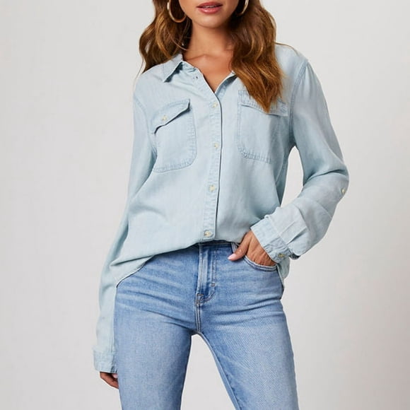 EIGTHTAIL Womens Long Sleeve Tops Clearance Women‘s Denim Shirt Women Chambray Jean Western Shirts Long Sleeve Button Tops Todays Daily Deals Clearance