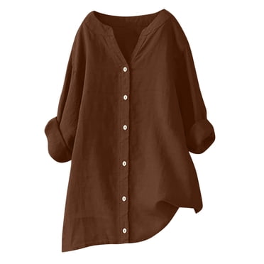 Timegard Chemises à Manches Longues pour Femmes Grande Taille en Coton et Lin à Boutons Blouse à Col en V Décontractée Ample Hauts
