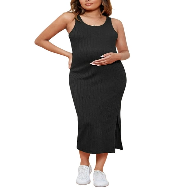EIMELI Robe pour Femme Enceinte Couleur Unie Sans Manches Robe en Tricot Col Ras du Cou Ajustée Robe Midi Débardeur Robe d'Été Décontractée Robe de Maternité