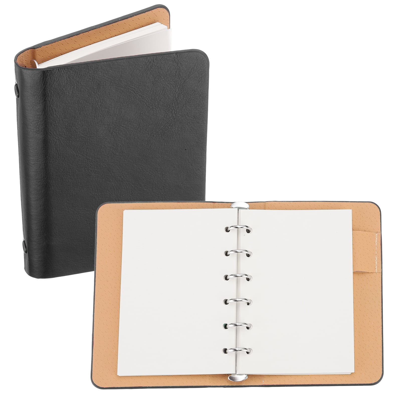 REGALWOVEN 6 Ring Binder Cover, A7 Leather Notebook Binder Loose Leaf Planner with 50 Sheets Paper, Black