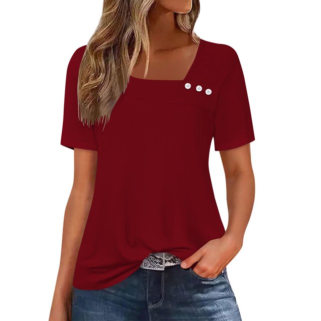 Women's Button V-Neck T Shirt Short Sleeve Loose Casual Blouse Basic Tee Tops