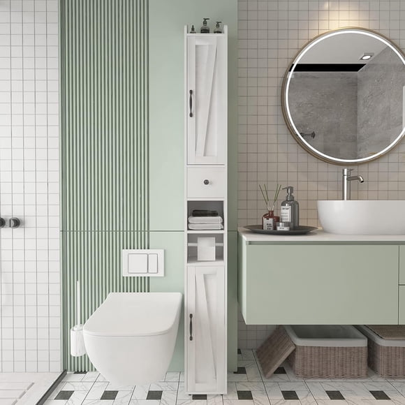 VEANERWOOD Bathroom Storage Cabinet 70.8" Tall Narrow Cabinet Storage Tower with Doors and Toilet Paper Rod, White
