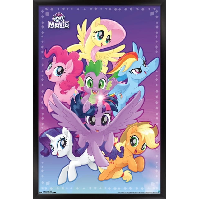 Hasbro My Little Pony Film - Affiche Murale d'Aventure, 14,725 Pouces x 22,375 Pouces Mettant en Vedette des Personnages Colorés de My Little Pony, Dont une Licorne Ailée Centrale Violette avec Corne Lumineuse, des Poneys Ailés Jaunes et Roses, un Poney Ailé Bleu avec Crinière Arc-en-Ciel, une Licorne Blanche, un Poney orange avec Crinière blonde, et un Petit dragon Violet et Vert sur un Fond Dégradé Violet Encadré en Noir, Convient pour Décorer des Chambres Ou des Salles