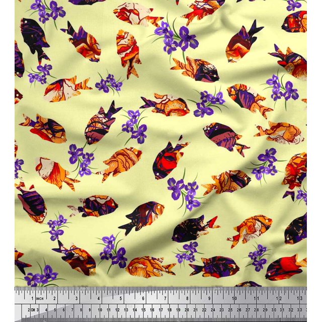 Soimoi Poly Georgette Fabric Floral & Textured Fish Ocean Printed Fabric 1 Yard 42 Inch Wide