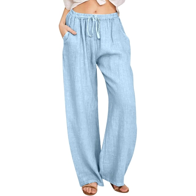 Timegard Wide Leg Pants for Women Elastic Waisted Drawstring Lightweight Casual Loose Pants with Pockets
