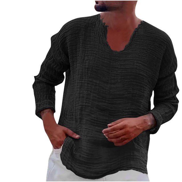 Yuyuzo Long Sleeve Shirts for Men Spring Fall Loose Casual V Neck Lightweight Solid Color Tee Tops