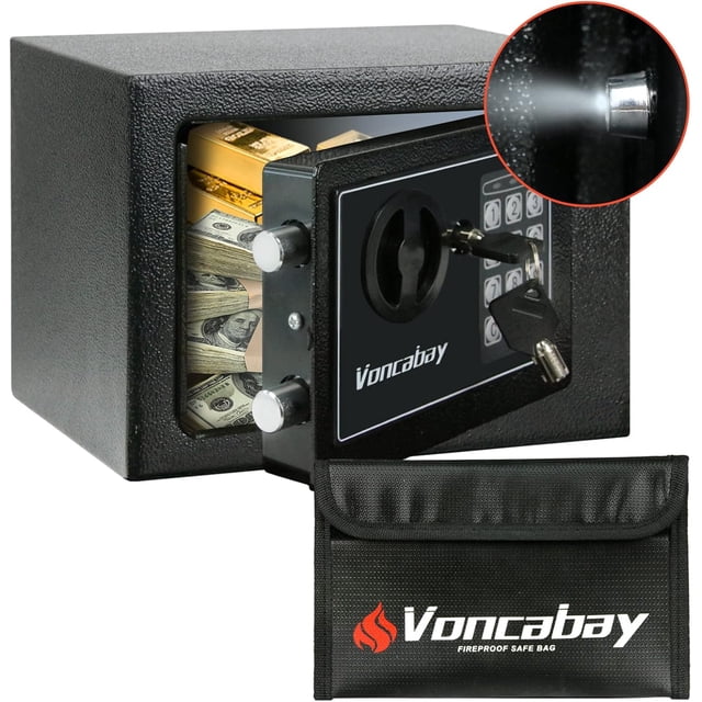 Voncabay Money Safe Box for Home with Sensor Light & Fireproof Money Bag for Cash Safe, Security Safe Box for Money Safe with Keys & Pass Code, Lock Box Fireproof Safe with Digital Keypad