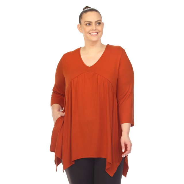 White Mark Tunique à Manches 3/4 pour Femmes, Taille Empire, Col en V