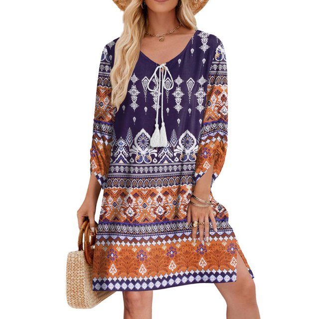 Ovzne Robes pour Femmes Robe pour Femme Mode Féminine Décontractée Imprimée à Cordon Fente Été Manches 3/4 Robe à Col Rond Robe d'Été Imprimée Liquidation
