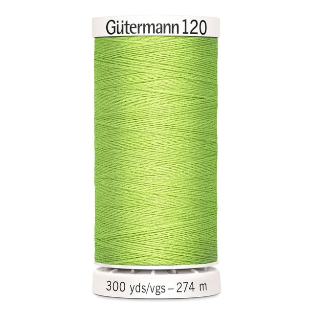 Gutermann 120 100% polyester all purpose thread spool in light green with white plastic ends labeled with brand and 300 yards (274 meters) length, suitable for machine and hand sewing on cotton, synthetics, and wool fabrics, also ideal for craft and DIY projects.