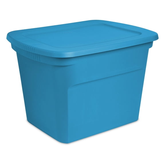 Sterilite 68 Liter Tote, Plastic Storage Bin with Snap-on Lid, Stackable, Gray , Aqua