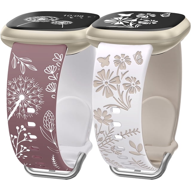 Wearlizer 2 Packs Compatible with Fitbit Versa 4 Bands/Versa 3 Bands/Sense 2 Bands/Sense Bands for Women, Pretty Two-tone Floral Engraved Silicone Straps, Cute Flower Pattern Sport Wristband Bracelets