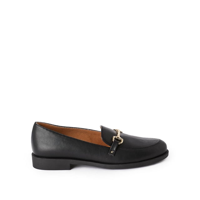 Time and Tru Women's Loafers in black faux leather with a round toe and slip-on design, featuring a gold-tone front chain detail and a low block lightweight rubber outsole, shown in side profile on a white background, ideal for casual or dress wear.