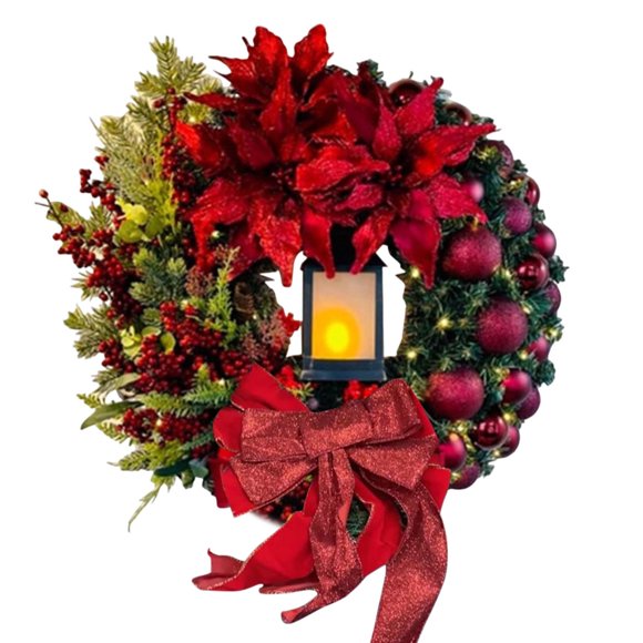 Fall Wreaths for Front Door,2024 Large Christmas Wreaths for Front Door Artificial Lighted Christmas Wreath with Bow Ribbon Red Christmas Front Door Wreath with Christmas Ball Christmas