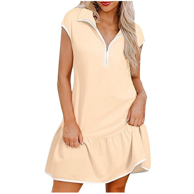 Liquidation d'Été 2025! Robe Grande Taille pour Femmes, Liquidation d'Été pour Femmes, Robe Décontractée Unie à Manches Courtes Demi-Fermeture à Glissière avec Col à Revers