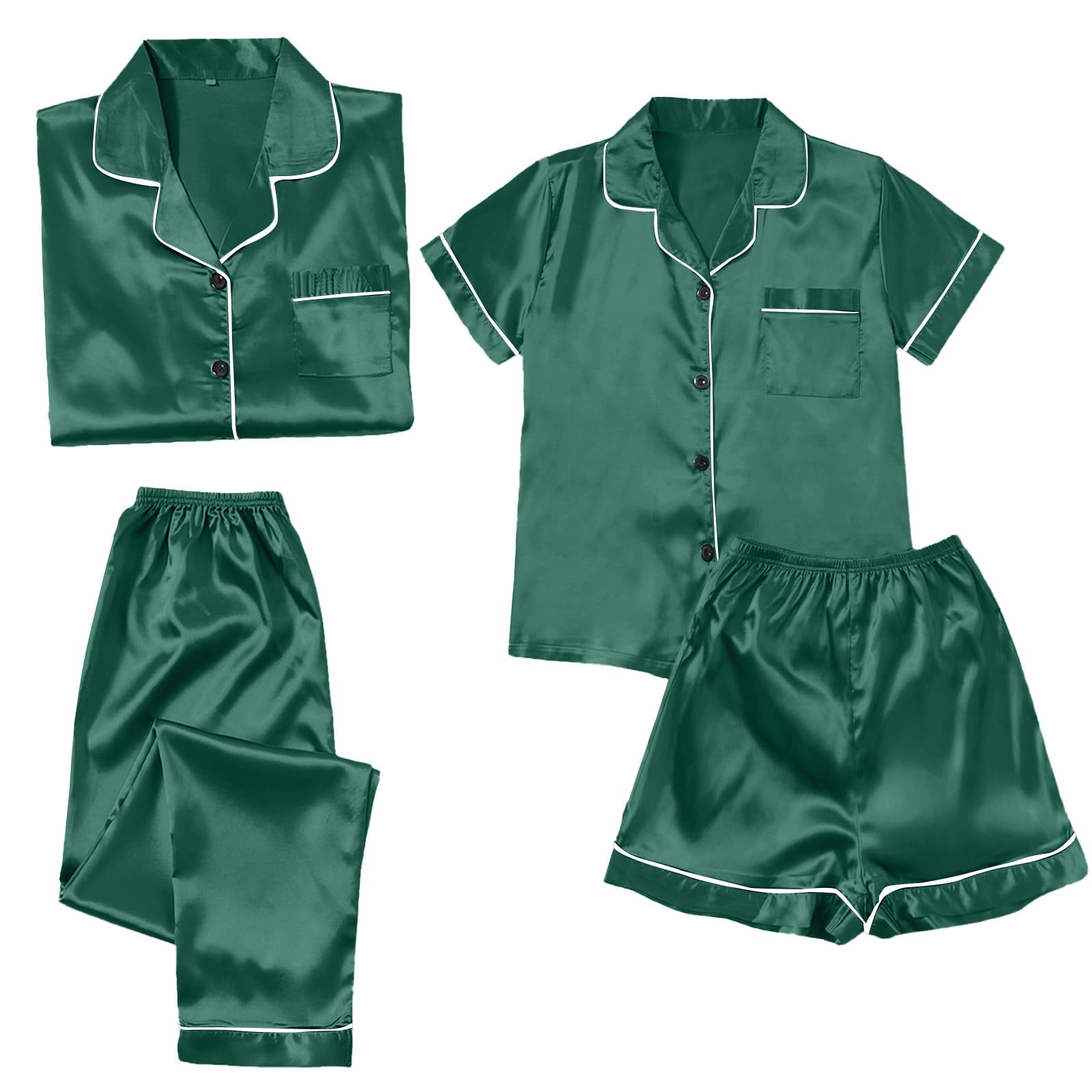 ZJXFGS Womens Summer Pajamas Sets, Silk Pajamas, Satin Pyjamas Women's Short 4 Piece Pyjamas Short Sleeve Sleepwear and Shorts Set Women Loungewear, Womens Pajama Set Green 5XL