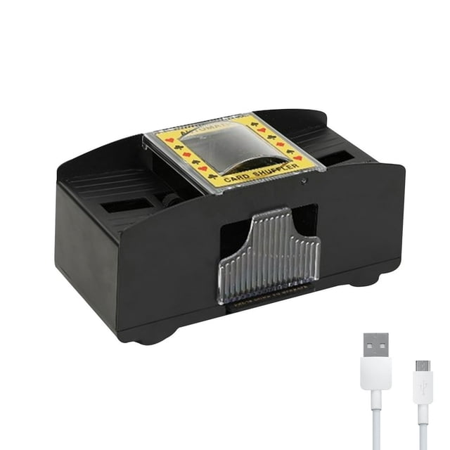 Automatic Shuffler USB Battery Power Shuffler for Home Card Game (2 Decks). A black ABS plastic automatic card shuffler designed for two decks of cards. Offers dual power options with USB and battery compatibility, making it versatile for home poker games, blackjack, and Texas Hold'em. Includes a USB cable for charging.