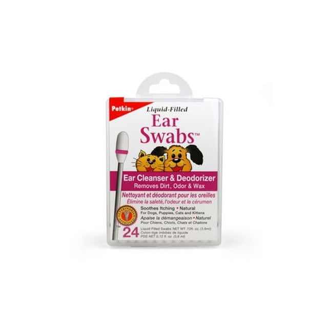 Petkin Pet Ear Swabs 24ct liquid-filled cotton tip swabs for gentle ear cleansing and deodorizing, safe for dogs, cats, puppies, and kittens, removes dirt, odor, and wax while soothing itching and preventing irritations, shown in clear plastic packaging with cartoon dog and cat.