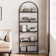 EastVita 5 Tier Arched Bookshelf Bookcase Display Racks Tall Bookshelves Modern Storage Rack Shelf Large Wood Book Shelf for Bedroom,Living Room,Black iron frame + Gray wood board