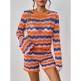 thumbnail image 3 of FOCUSNORM Women 2 Pieces Fall Shorts Outfits Stripe Patchwork Crew Neck Long Sleeve Sweater Knit Tops Shorts Clothes Set, 3 of 8