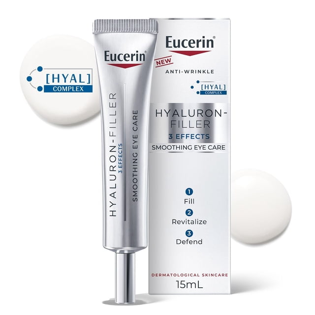 Eucerin Anti Wrinkle Smoothing Hyaluronic Acid Eye Cream in a 15 ml silver tube with a precision applicator, shown next to its white and silver box featuring the Hyaluron-Filler 3 effects formula to fill, revitalize, and defend the eye area, with two white cream swatches illustrating the texture.