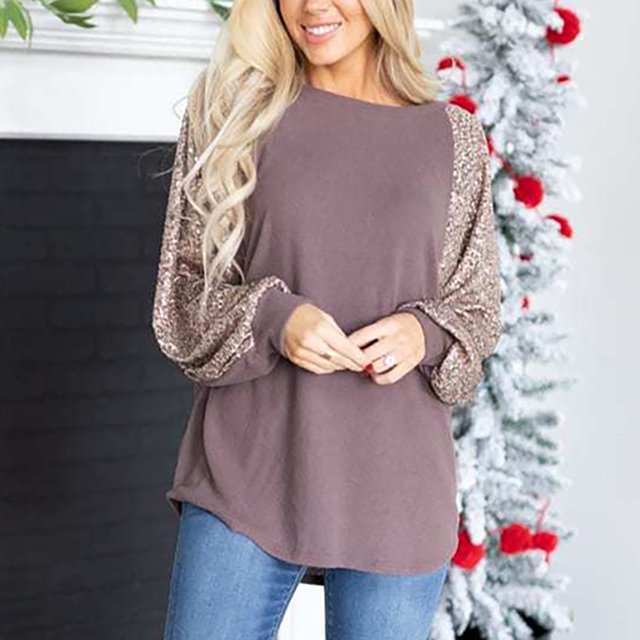 Mikilon Woman O Neck Long Sleeve T Shirt Autumn Sequins Blouse Tops Sweatshirt