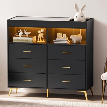 Ourlova Home Dresser for Bedroom with 6 Drawers Changing Table Dresser with Changing Pad LED Lights Charging Station Black