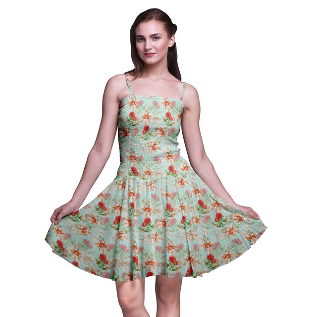 Bimba Floral Women Smocked Above Knee Cocktail Dress Flowy Summer Sun Dress-Large