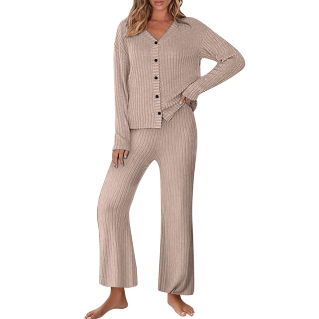 Diufon Matching Lounge Sets for Women Ribbed Long Sleeve Button Tops Matching Pants Sleepwear Set Fall Winter Outfits