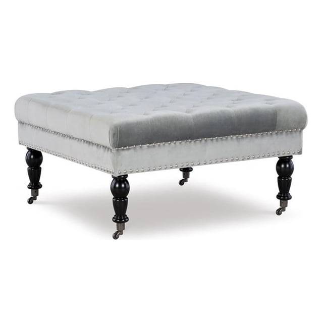 Linon Isabelle Pouf Carré Rembourré Pieds Noirs en Tissu Gris Pâle