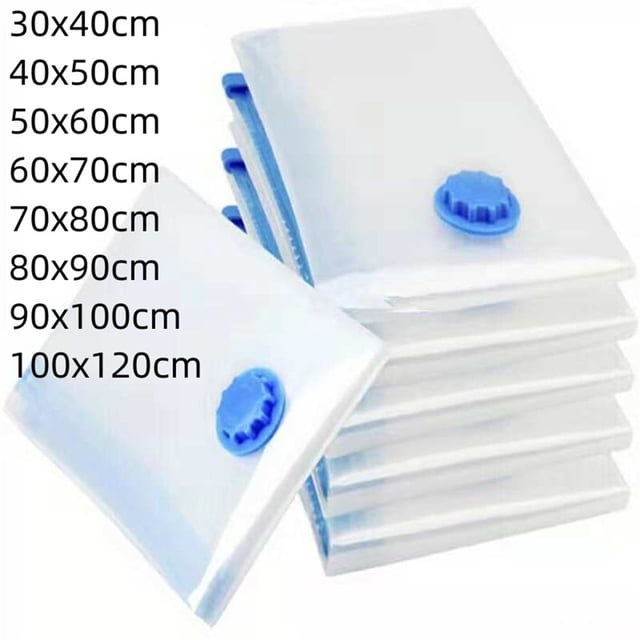 MYG Transparent Vacuum Bag Folding Compressed Space Saving Clothes Storage Big Size. A stack of transparent vacuum storage bags with blue valve closures, available in various sizes ranging from 30x40cm to 100x120cm. Ideal for closet organizers and storing bulky items like comforters, blankets, and seasonal clothing.