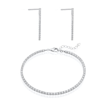 Mercie Sterling Silver Rhodium Plated Silver Tennis Bracelet and Earring Set, Cubic Zirconia Jewellery for Women