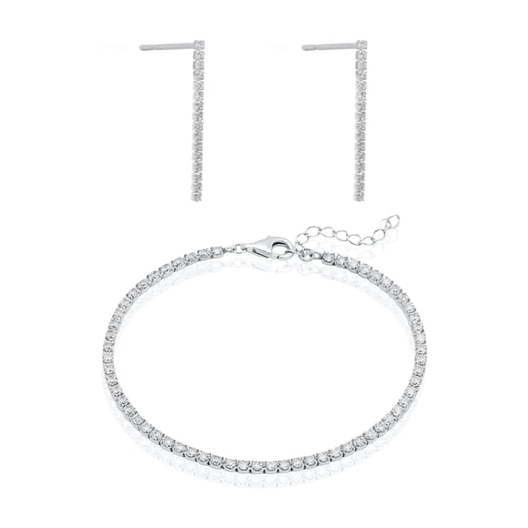 Mercie Sterling Silver Rhodium Plated Tennis Bracelet and Earring Set, Cubic Zirconia Jewellery for Women