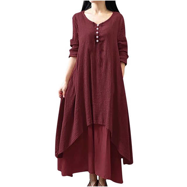 Ersazi Robe d'Été pour Femmes 2024 Mode pour Femmes Grande Taille Col Rond Robe Longue Unie Manches Longues Robe à Boutons en Liquidation Rouge 4TG