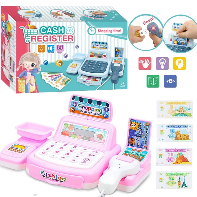 AMERTEER Ressources d'Apprentissage Calculatrice pour Faire Semblant et Jouer Caisse Enregistreuse 3+ Développe les Habiletés Mathématiques Précoces Caisse Enregistreuse pour Enfants Jouet Caisse Enregistreuse Jouet d'Argent à Jouer pour Enfants Noël B