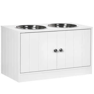 PawHut Bols Surélevés pour Grands Chiens Station d'Alimentation pour Animaux avec Support, Rangement, 2 Bols en Acier Inoxydable pour Nourriture et Eau, Blanc, 23.6 Pouces x 11.8 Pouces x 14 Pouces