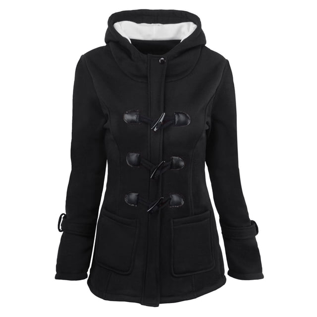 Fiogavroetic Women Color Horn Buttons Cardigan Padded Hooded Coat Jacket Overcoat