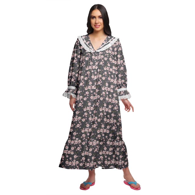 Moomaya Printed Long Sleeve Maxi Nightdress Button Down Cotton Sleepwear Gown